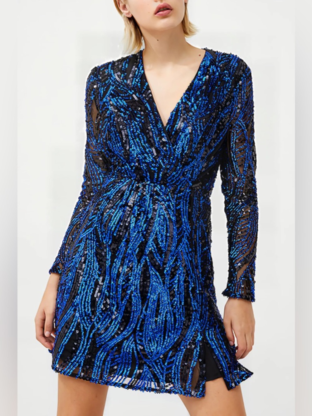 French Connection Black and Bright Blue Sequin Long Sleeve Deniz Dress